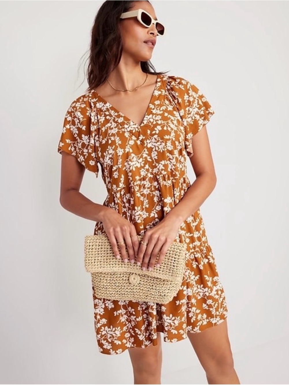 Old Navy orange Floral V-Neck Tiered Mini Dress